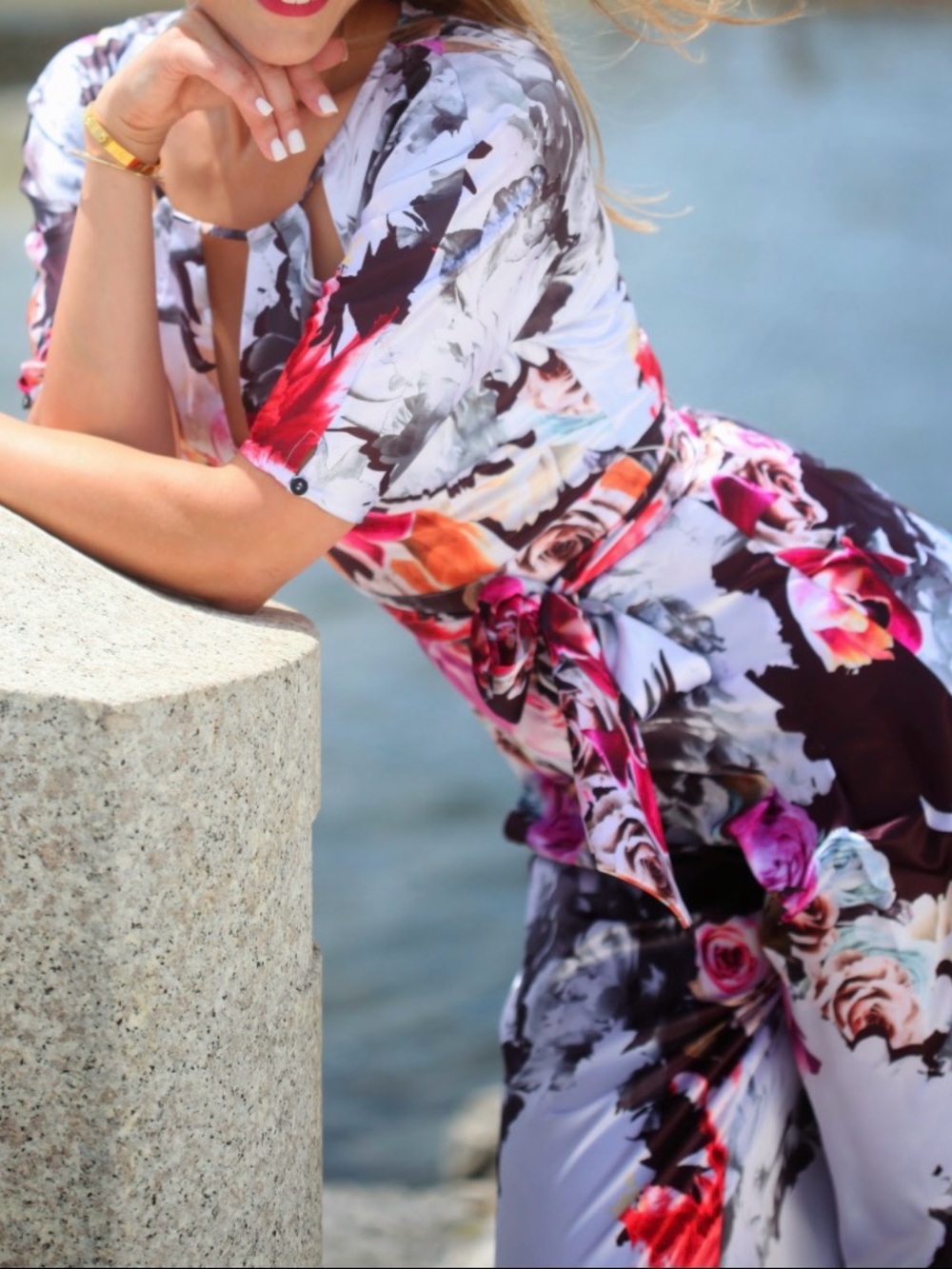 bebe Floral Wrap Jumpsuit in Pink, White & Black